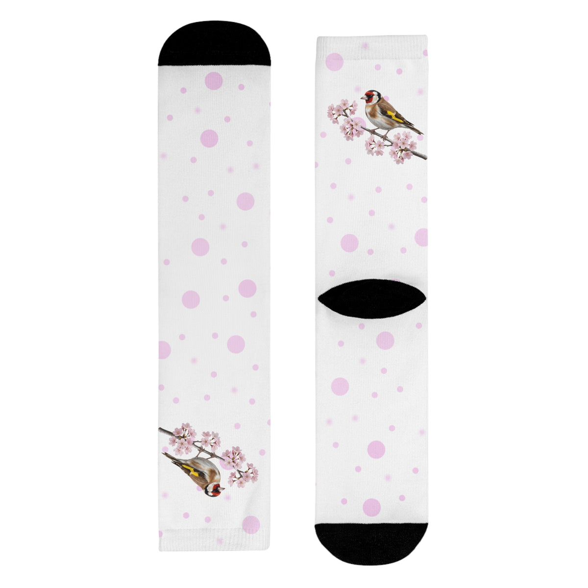 Stieglitz Socken – mit Kirschblüten | Weiß Rosa gepunktete Vogelmotiv Strümpfe