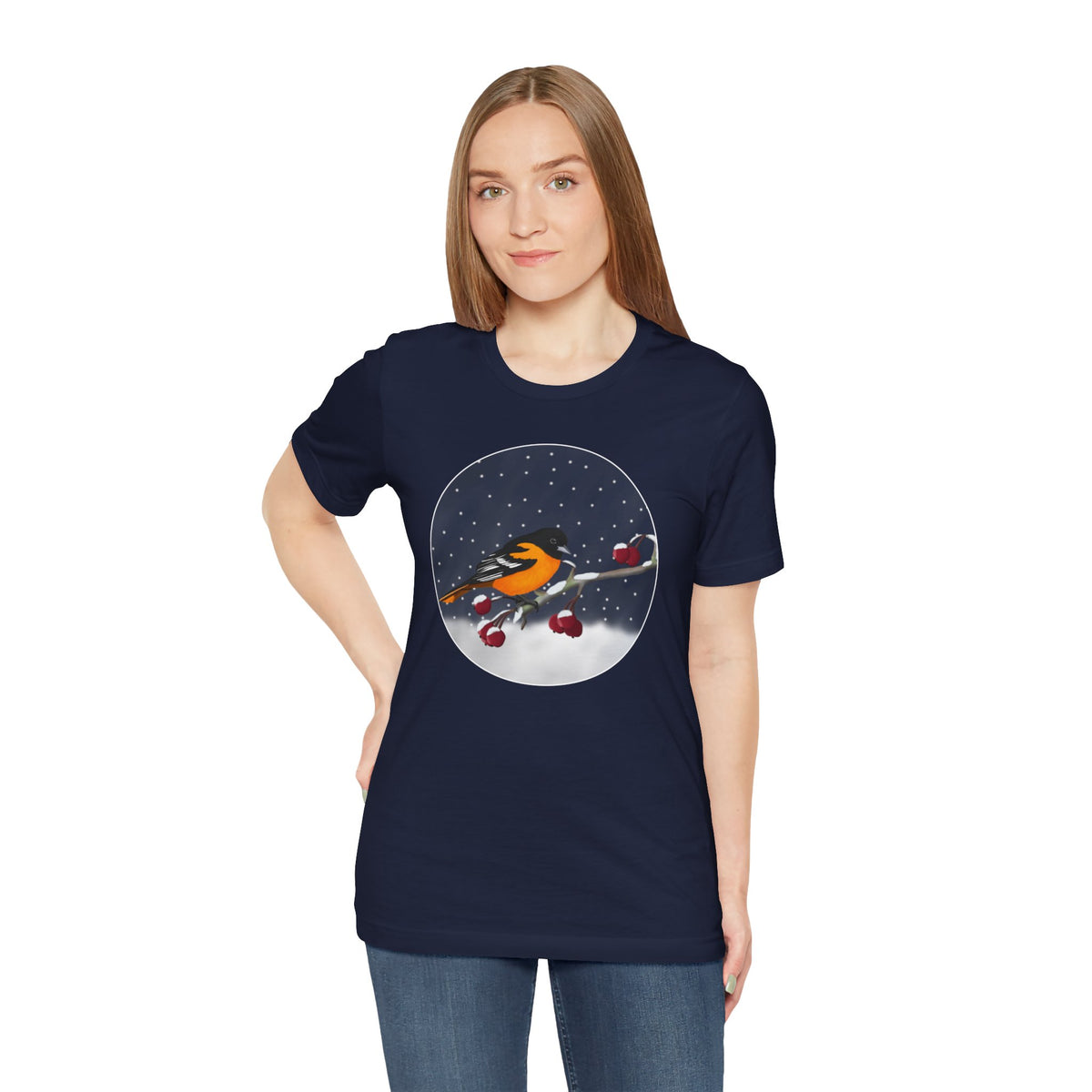 Baltimore Oriole on a Winter Branch Birdwatcher Christmas Bird T-Shirt