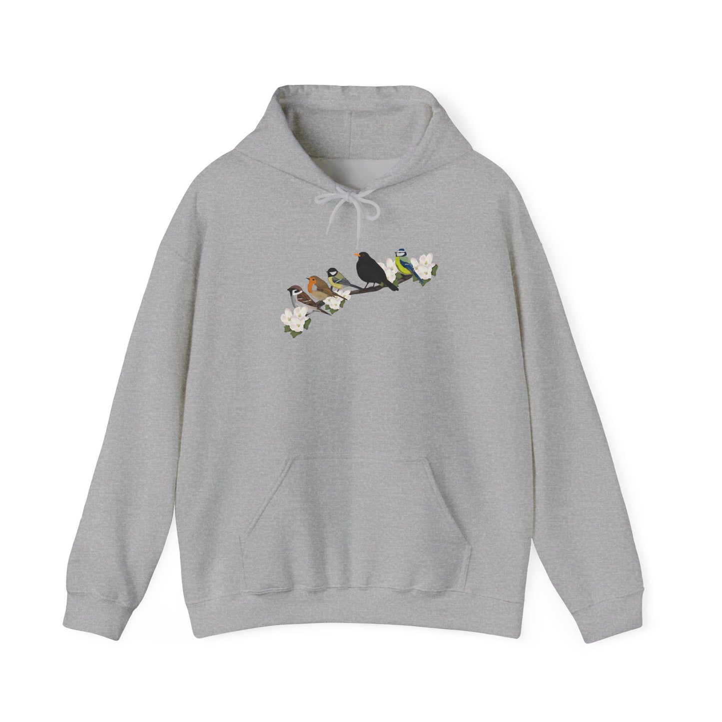 Vögel auf einem Ast Hoodie - Amsel Rotkehlchen Kohlmeise Spatz Kapuzenpullover für Vogelbeobachter & Naturliebhaber