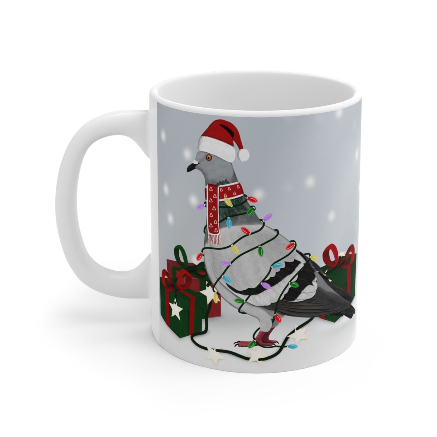 Taube mit Lichterkette im Winter Weihnachten Schnee Vogel Tasse