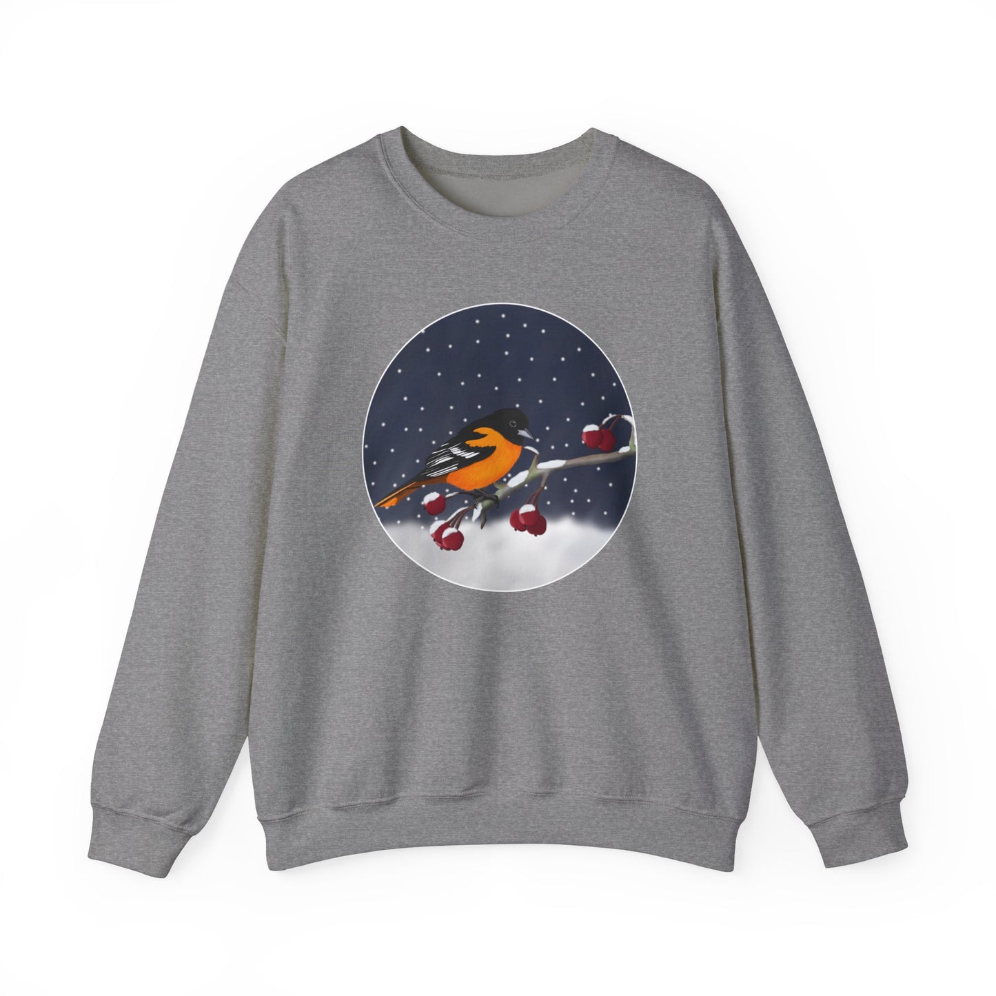 Baltimore Oriole on a Winter Branch Birdwatcher Christmas Bird Sweatshirt