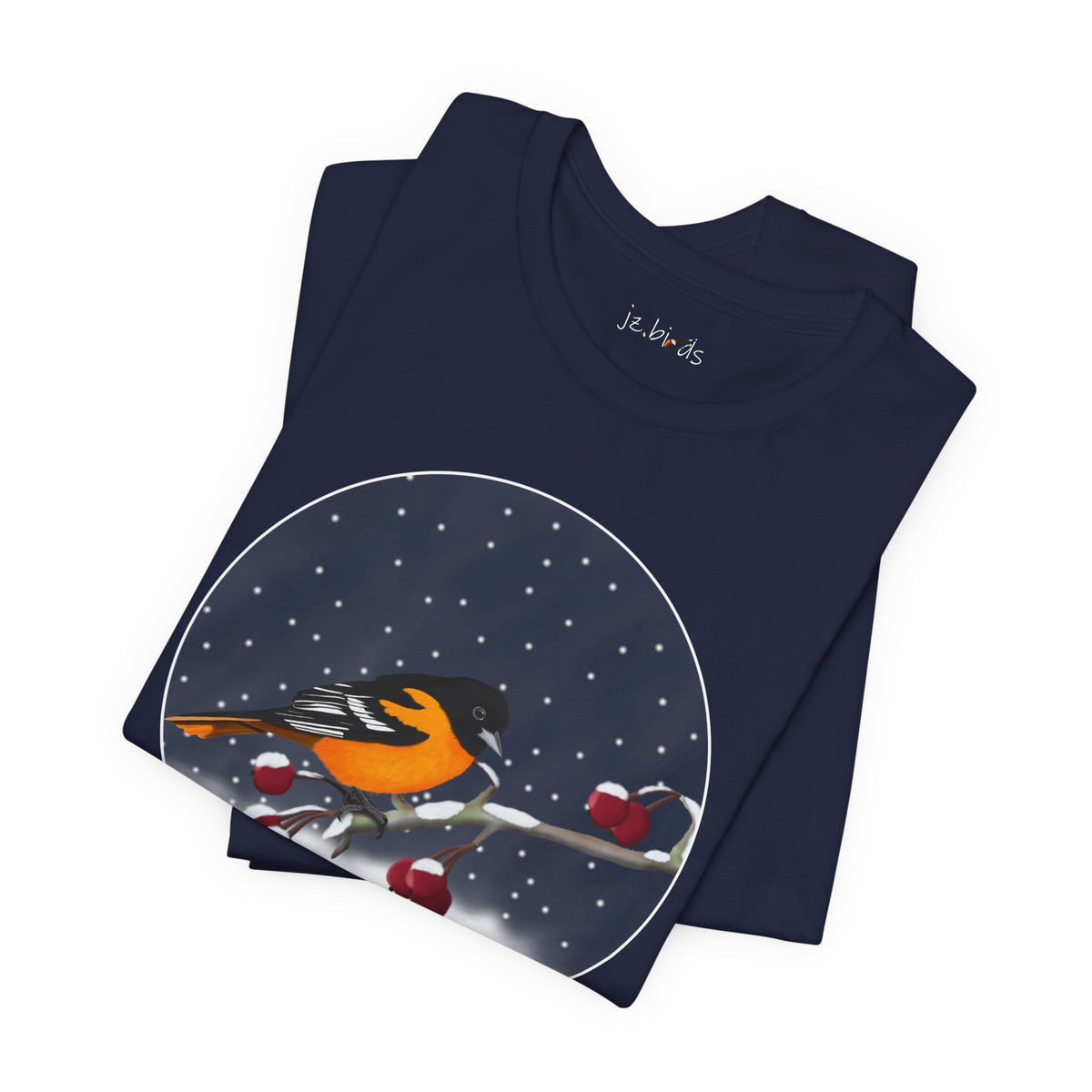 Baltimore Oriole on a Winter Branch Birdwatcher Christmas Bird T-Shirt