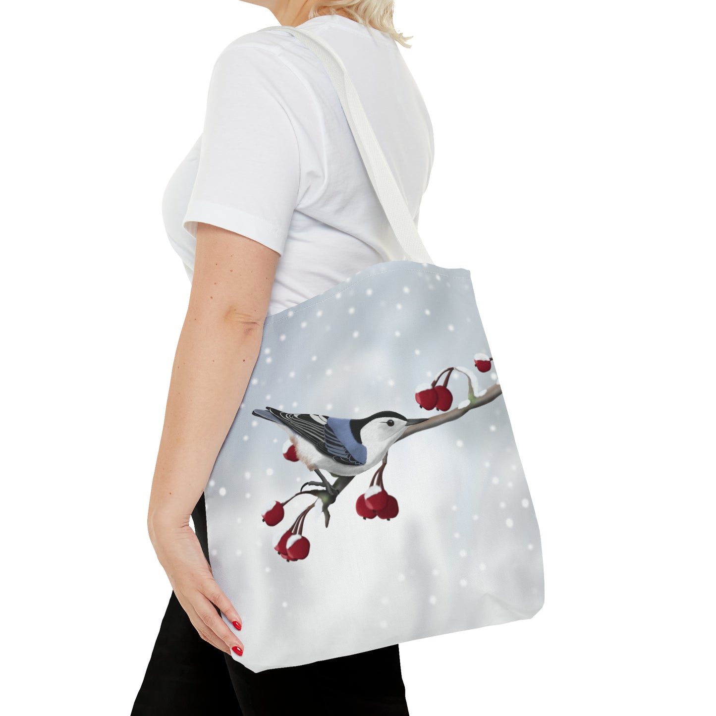 Nuthatch on a Winter Branch Bird Tote Bag 16"x16" - jz.birds