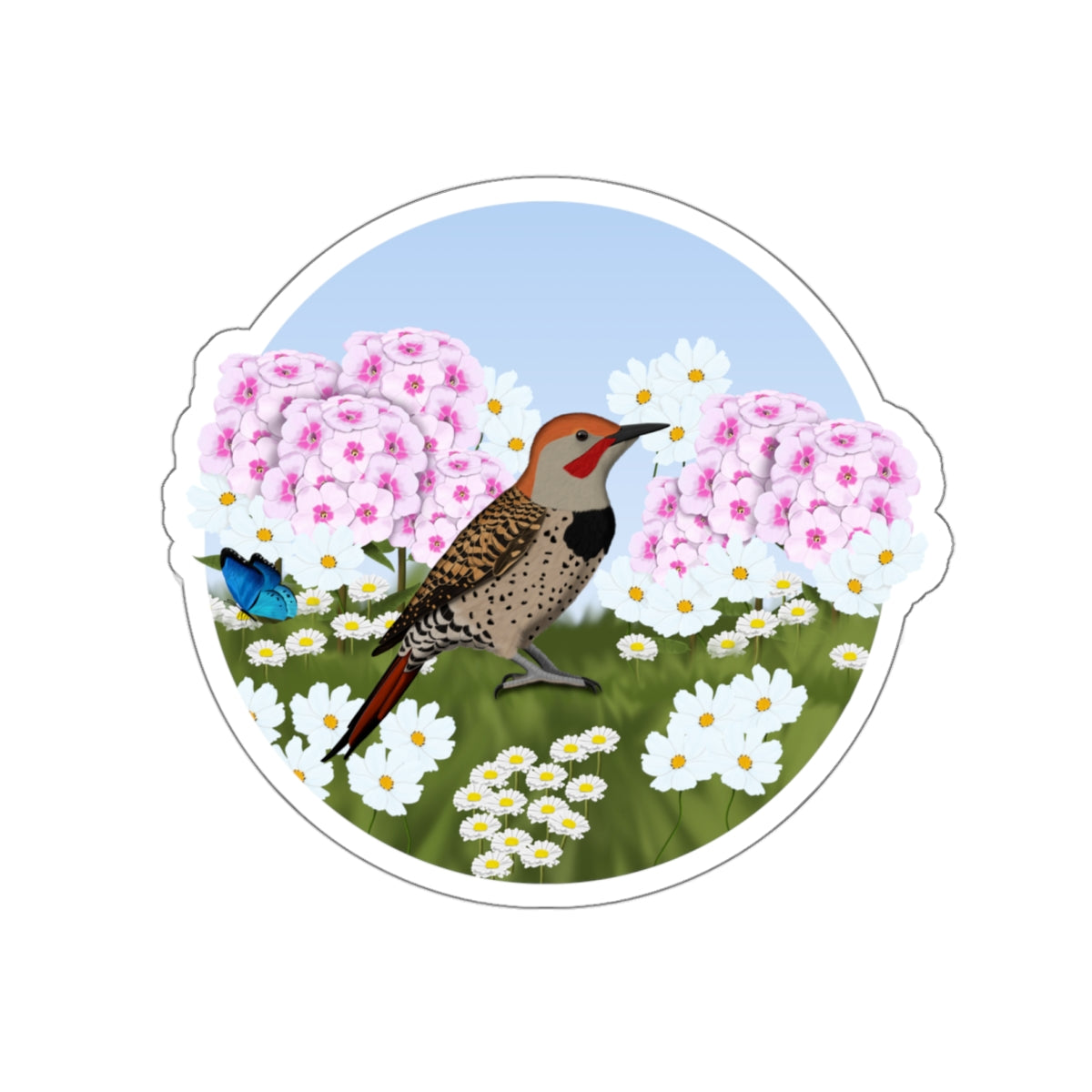 Northern Flicker Summer Flowers Bird Kiss-Cut Sticker - jz.birds