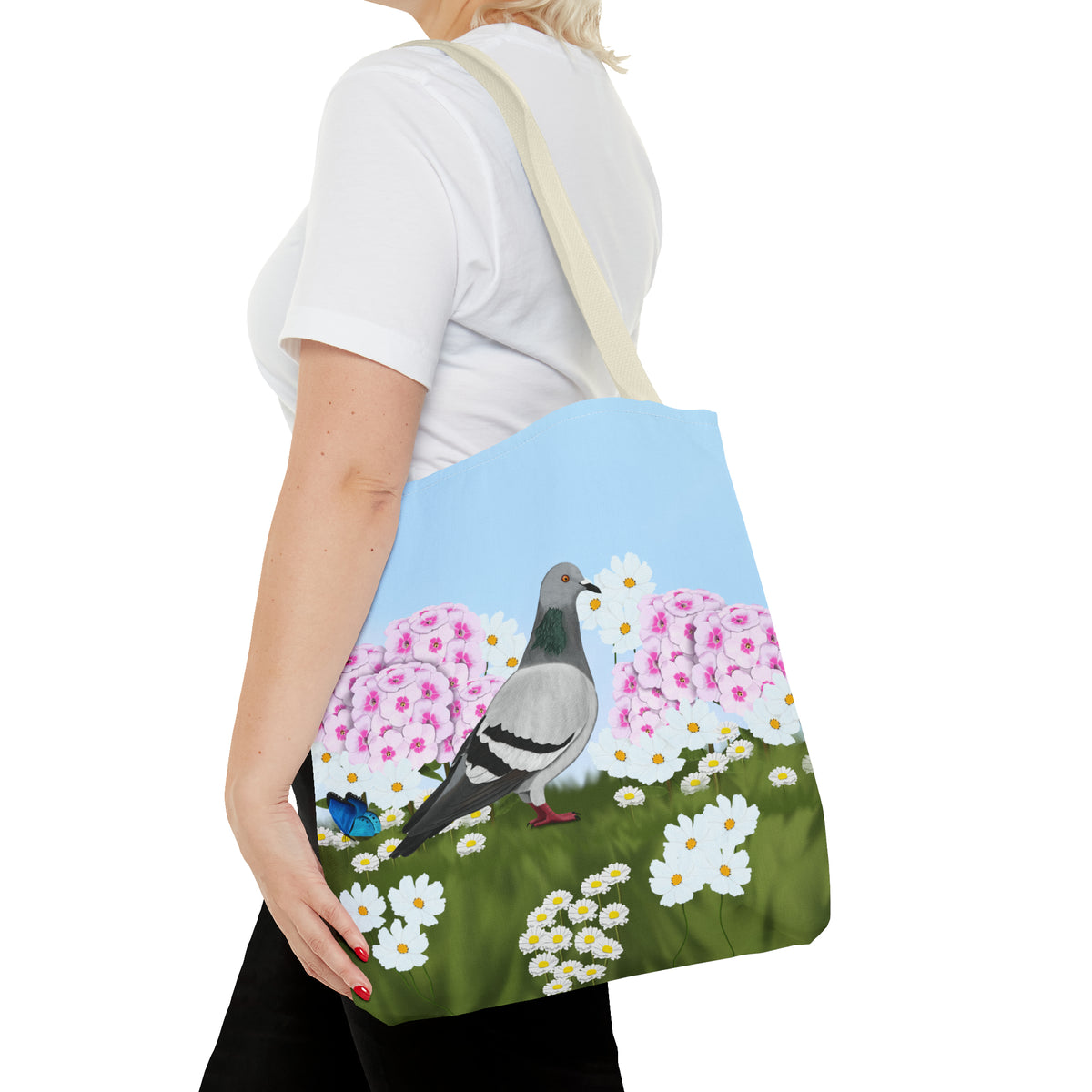 Pigeon in Summer Flowers Bird Tote Bag 16"x16" - jz.birds