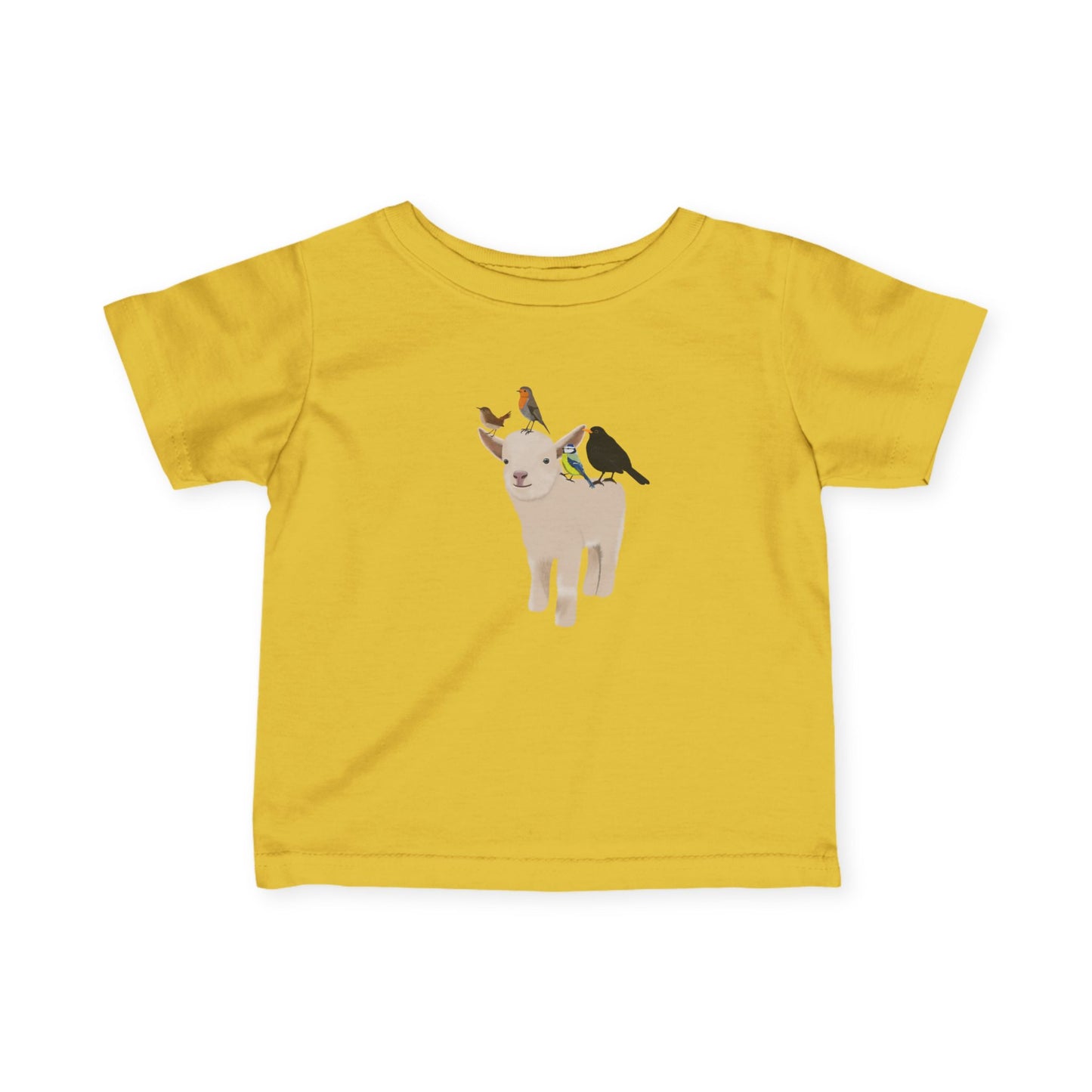 Süßes Lamm mit Amsel Blaumeise Rotkehlchen Zaunkönig Vogel Tiermotiv T-Shirt für Babys und Kleinkinder