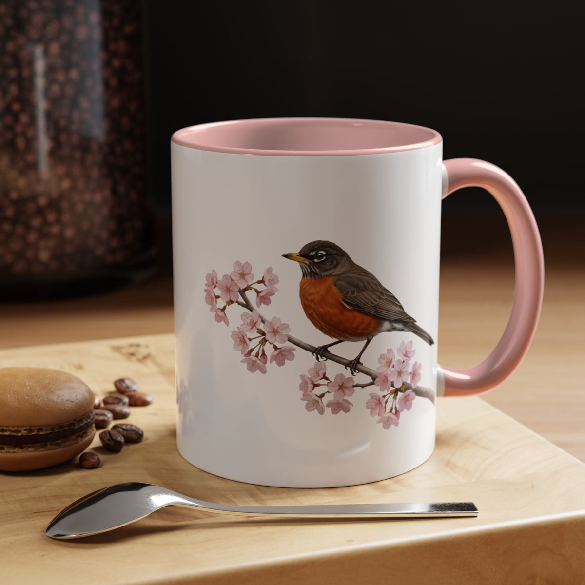 Wanderdrossel Tasse mit Kirschblüten | Rosa Keramiktasse für Vogelfreunde – Accent Coffee Mug,
