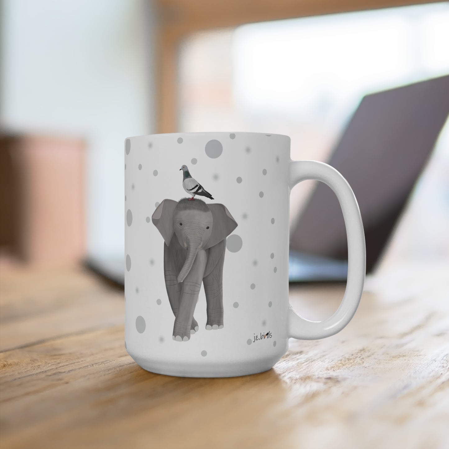 Taube auf einem Elefanten Vogel Tasse Punkte Grau