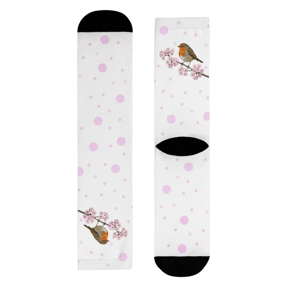 Rotkehlchen Socken – mit Kirschblüten | Weiß Rosa gepunktete Vogelmotiv Strümpfe
