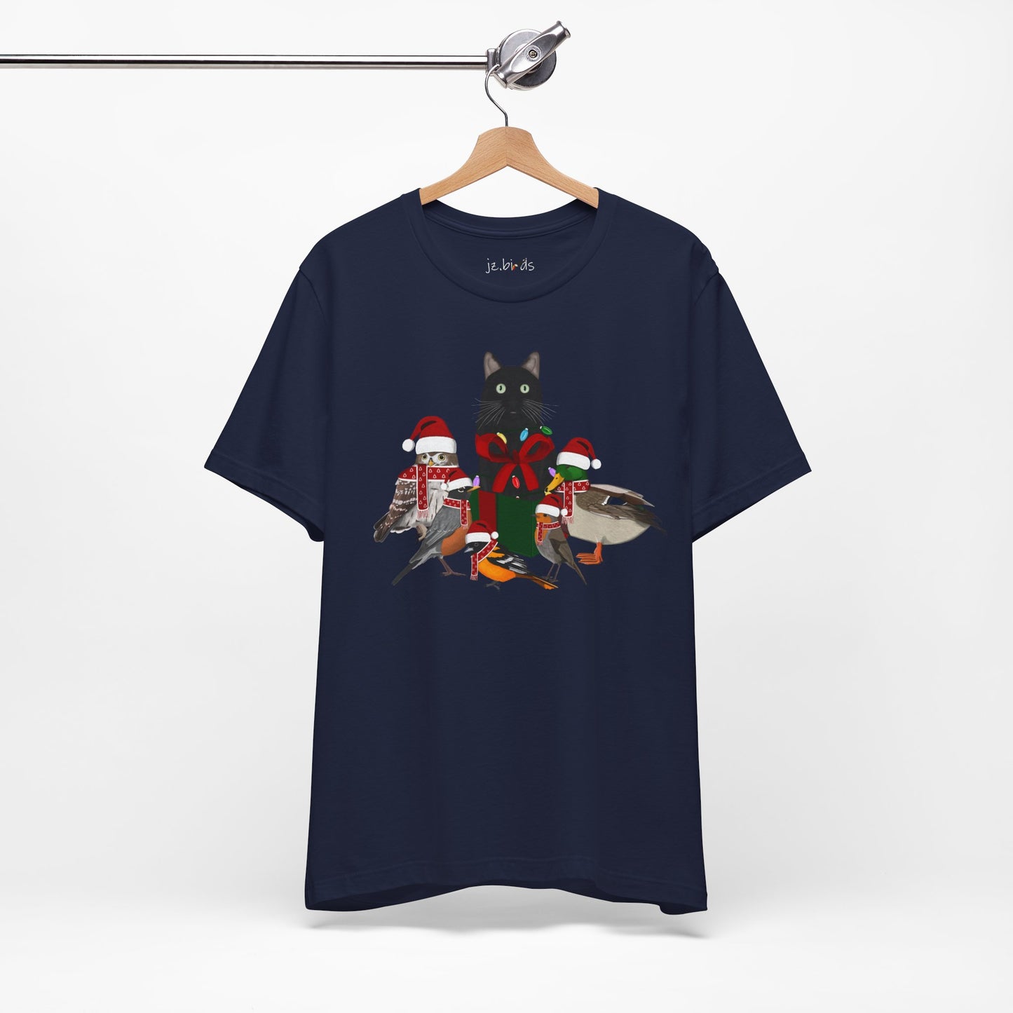 Robin Mallard Oriole Owl with Cat in a Box and Fairy Lights Christmas Bird T-Shirt