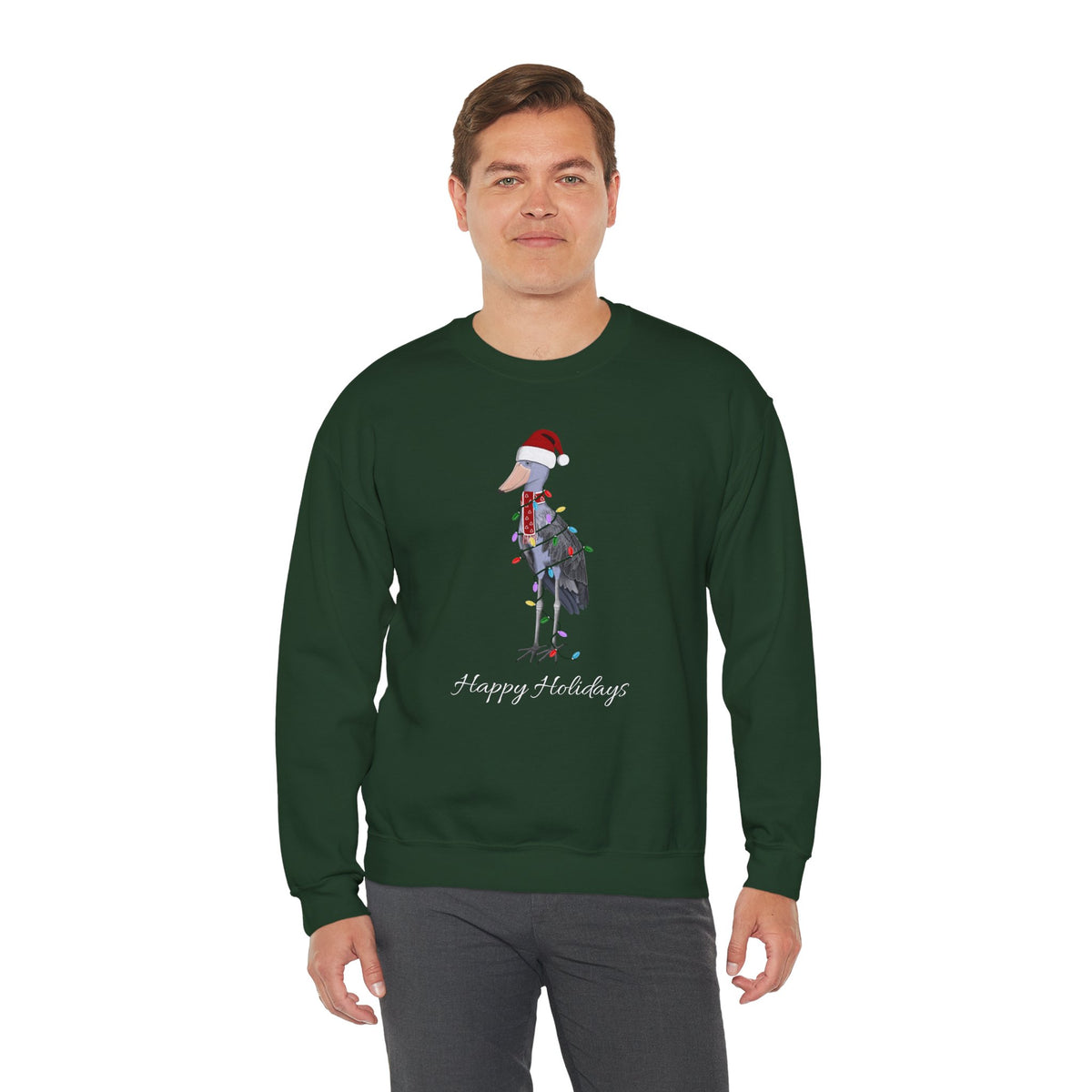 サンタクロースの姿でフェアリーライトをつけたハシビロコウのハッピーホリデーバードウォッチャークリスマスバードスウェットシャツ