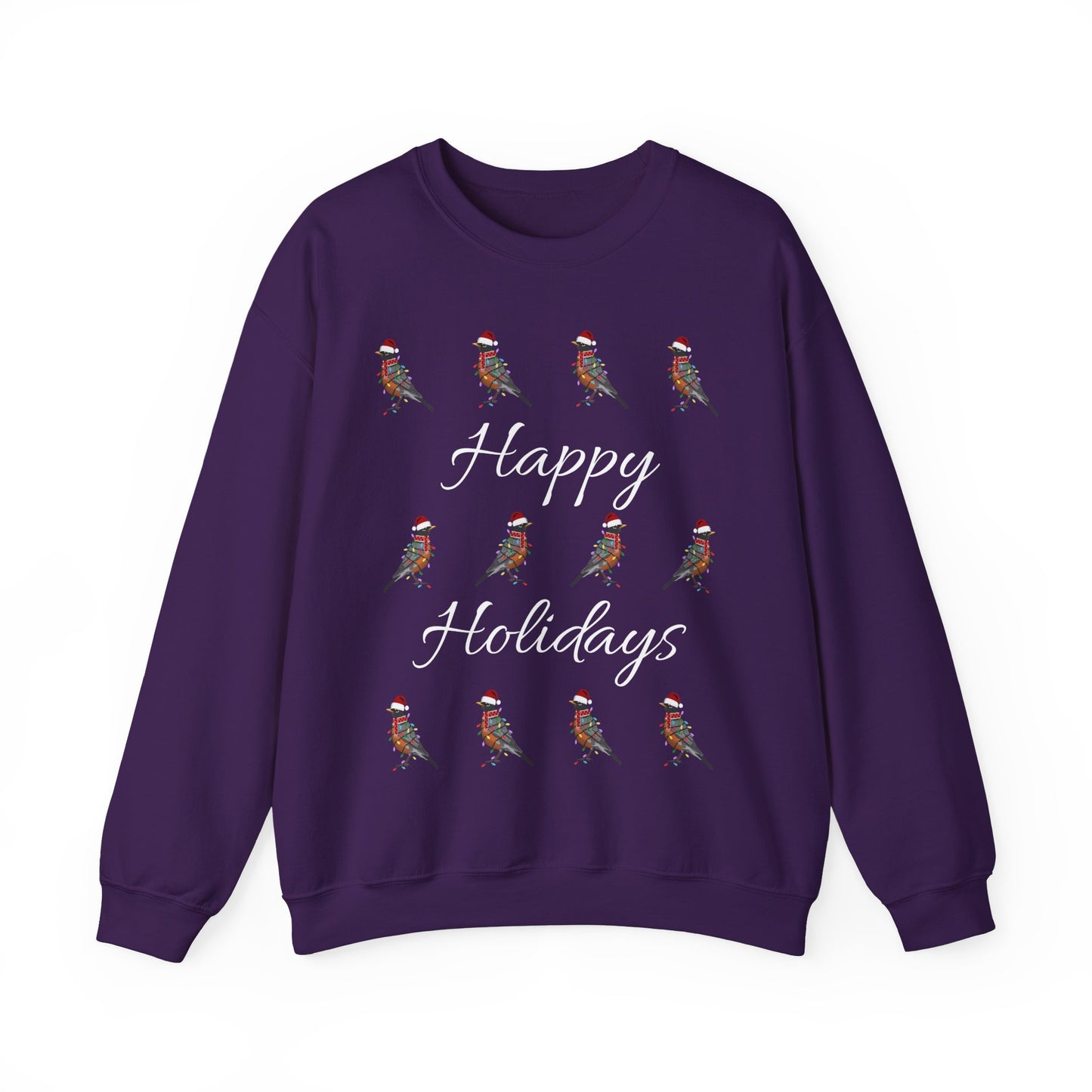 American Robin as Santa with Hat Scarf and Fairy Lights Happy Holidays Birdwatcher Christmas Bird Sweatshirt