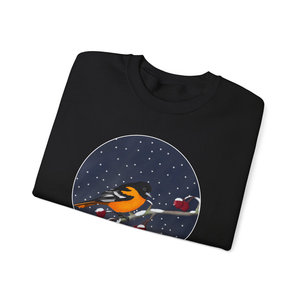 Baltimore Oriole on a Winter Branch Birdwatcher Christmas Bird Sweatshirt