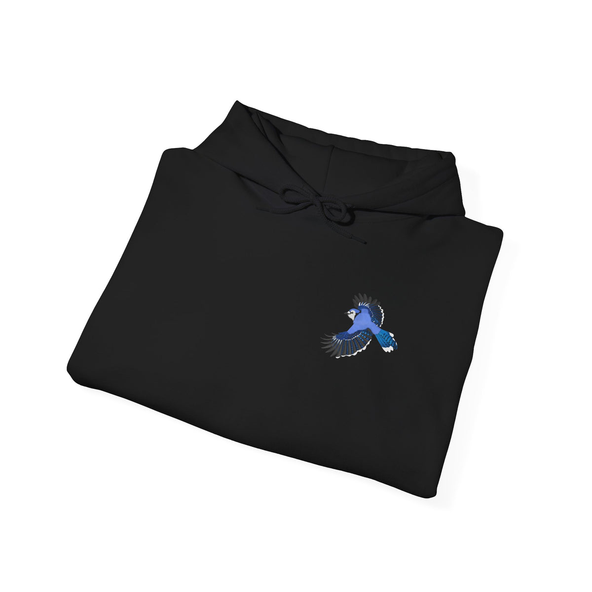 Blauhäher (Blue Jay) Hoodie – Kapuzenpullover mit kleinem Vogelmotiv im Flug