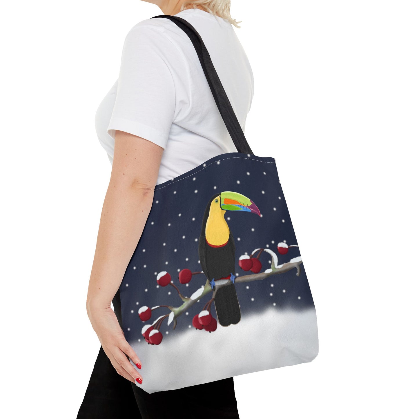 Toucan on a Winter Branch Christmas Bird Tote Bag 16"x16"