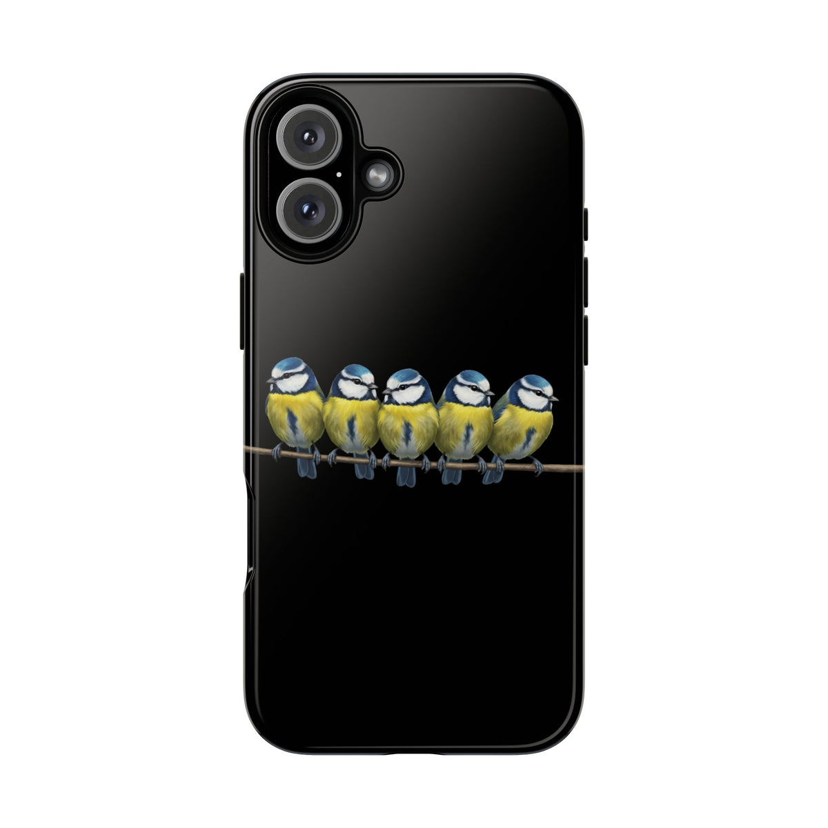 Funda premium para móvil de carbonero azul en una rama – Doble protección e impresión integral, negra