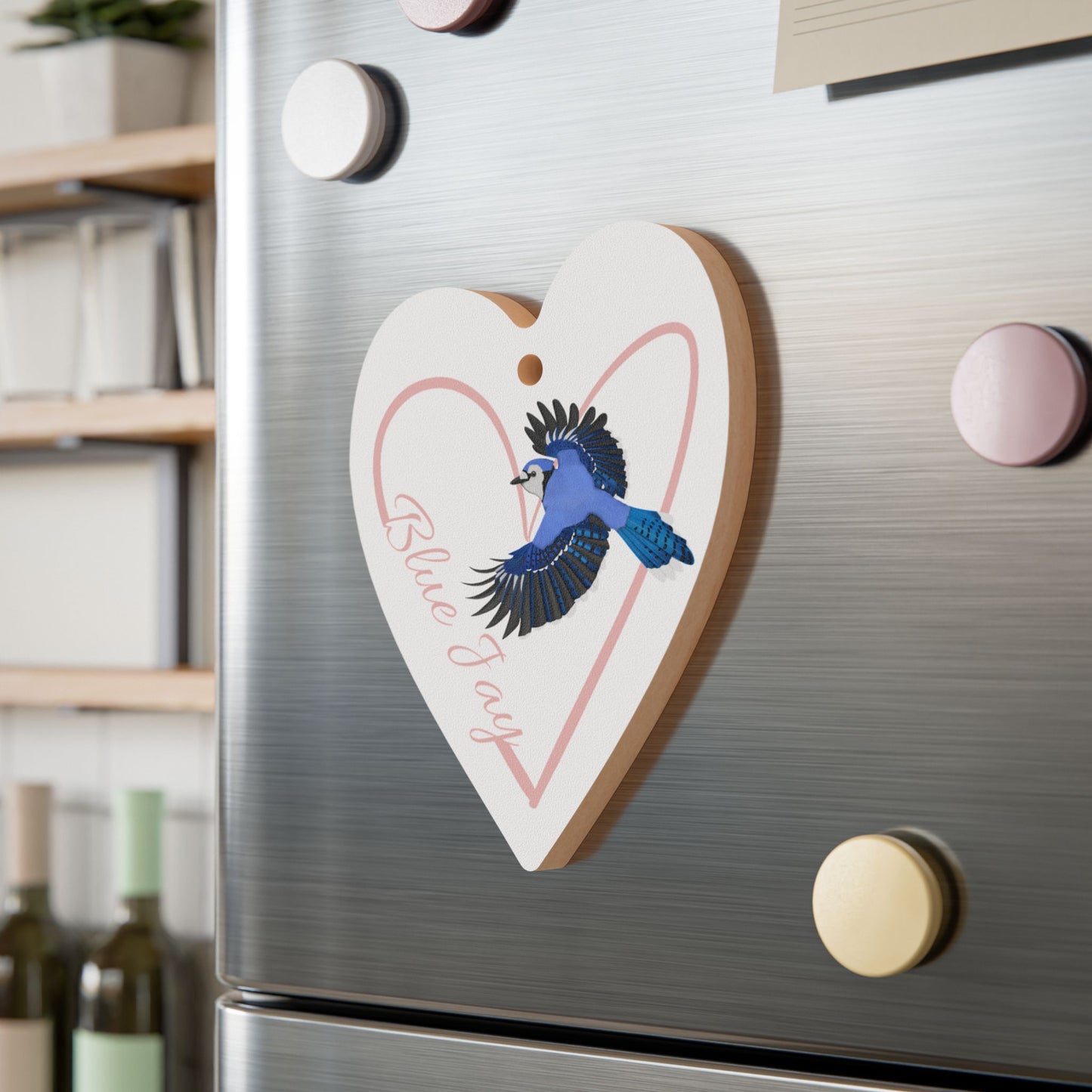 Heart-Shaped Wooden Ornament with Blue Jay - Perfect for Bird Lovers