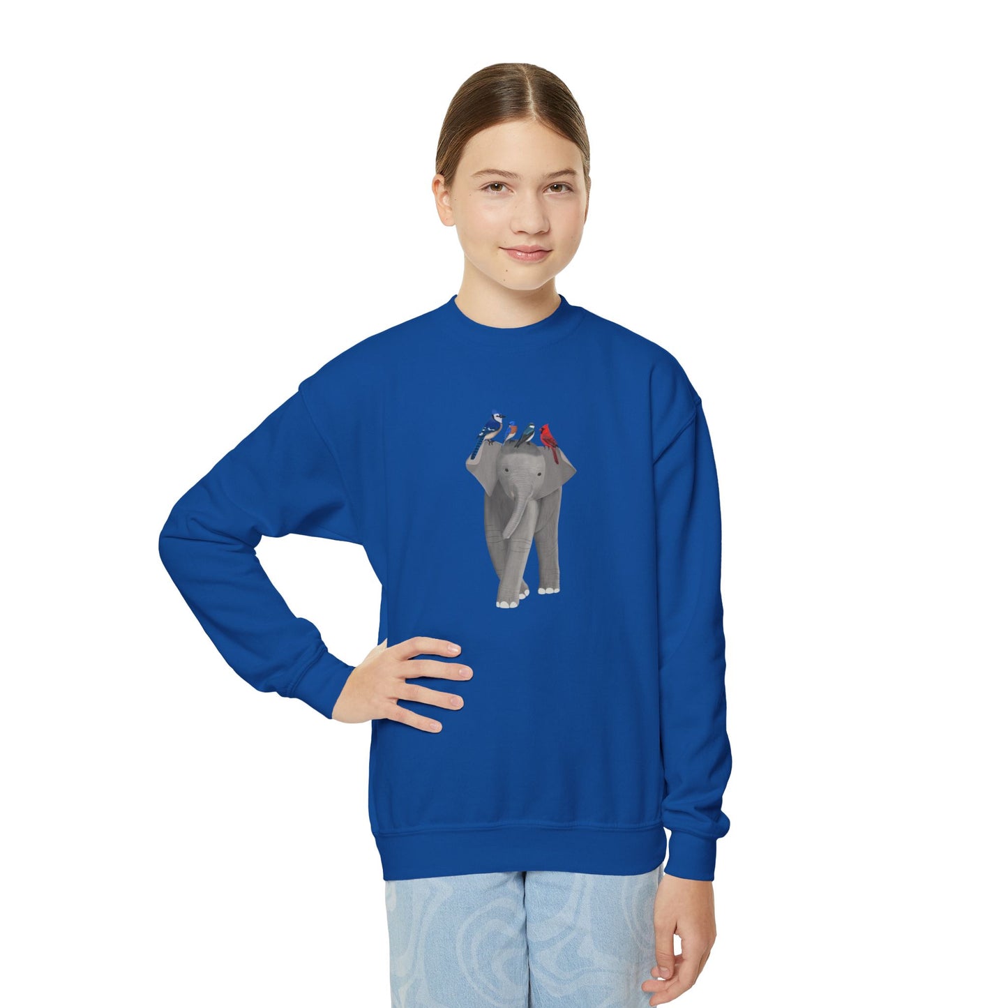 Elephant with Blue Jay Cardinal Bluebird Tree Swallow Bird Youth Crewneck Sweatshirt