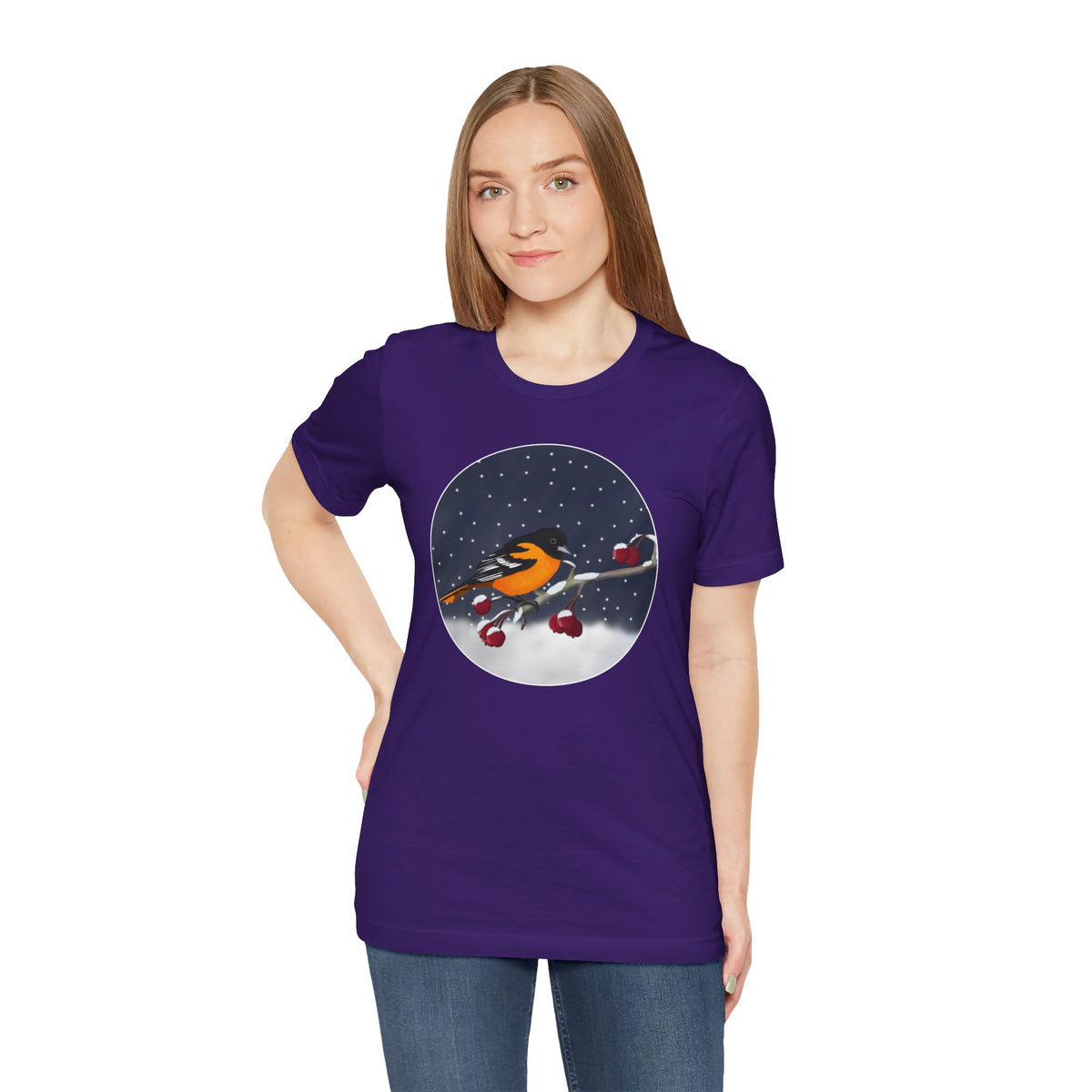 Baltimore Oriole on a Winter Branch Birdwatcher Christmas Bird T-Shirt