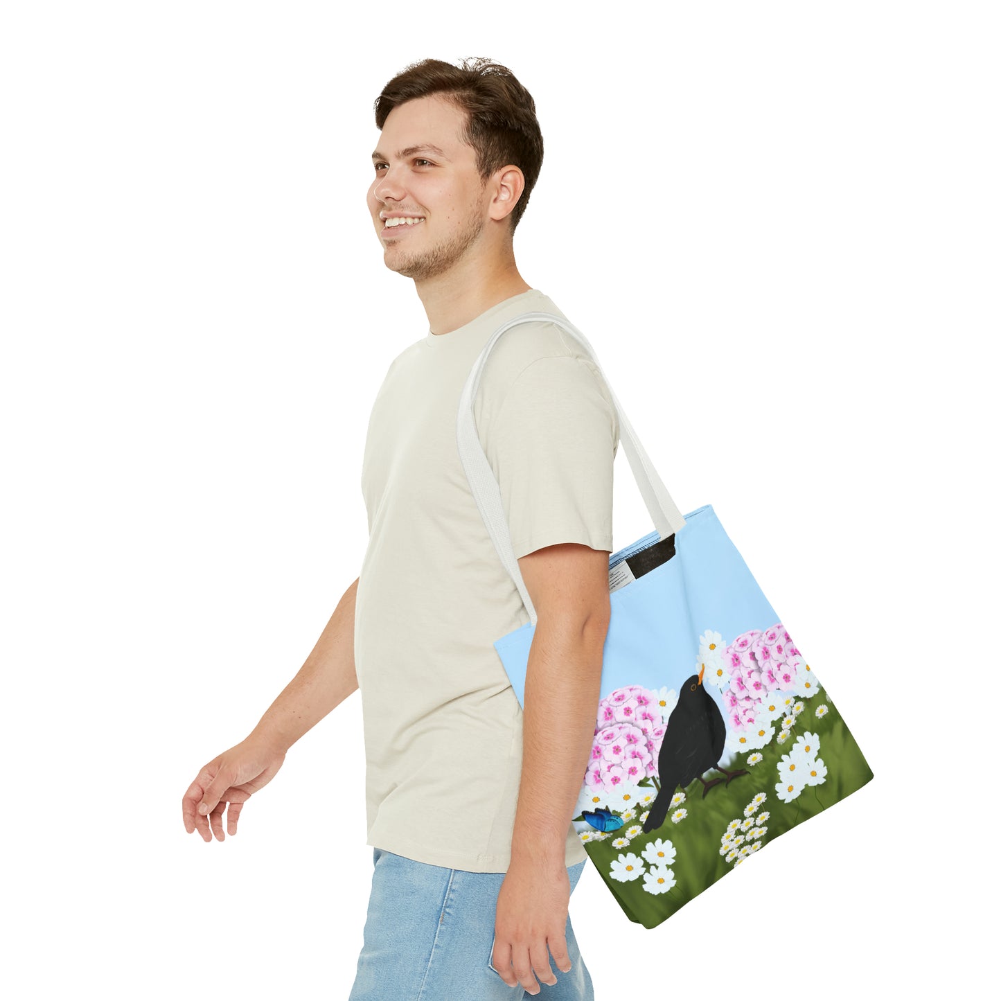 Blackbird in Summer Flowers Bird Tote Bag 16"x16" - jz.birds