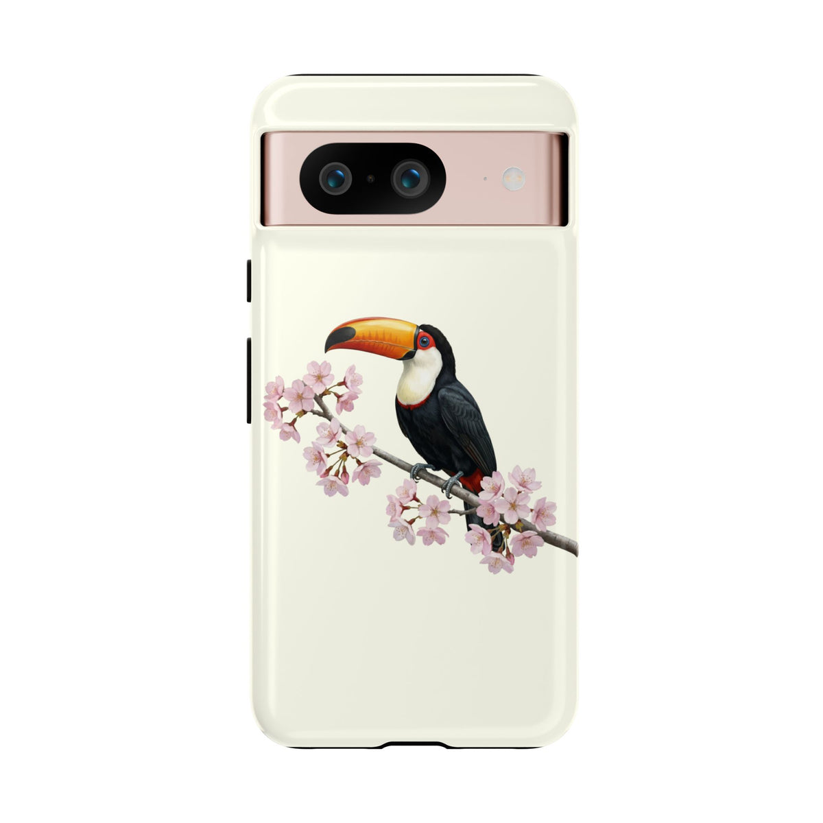 Custodia per cellulare Tukan in bianco crema | Motivo floreale con uccello e fiori di ciliegio per iPhone e Google Pixel