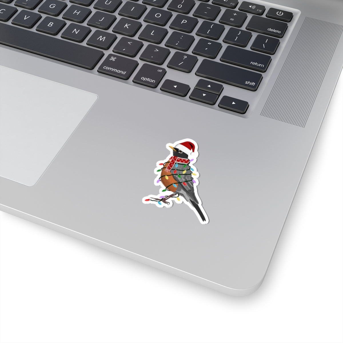 Robin with Fairy Lights Santa Claus Hat and Scarf Christmas Bird Sticker