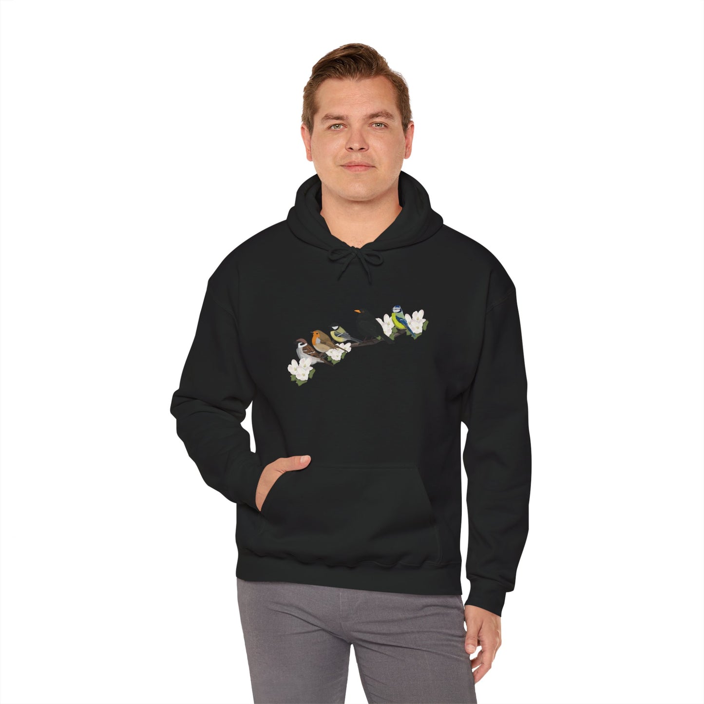 Vögel auf einem Ast Hoodie - Amsel Rotkehlchen Kohlmeise Spatz Kapuzenpullover für Vogelbeobachter & Naturliebhaber