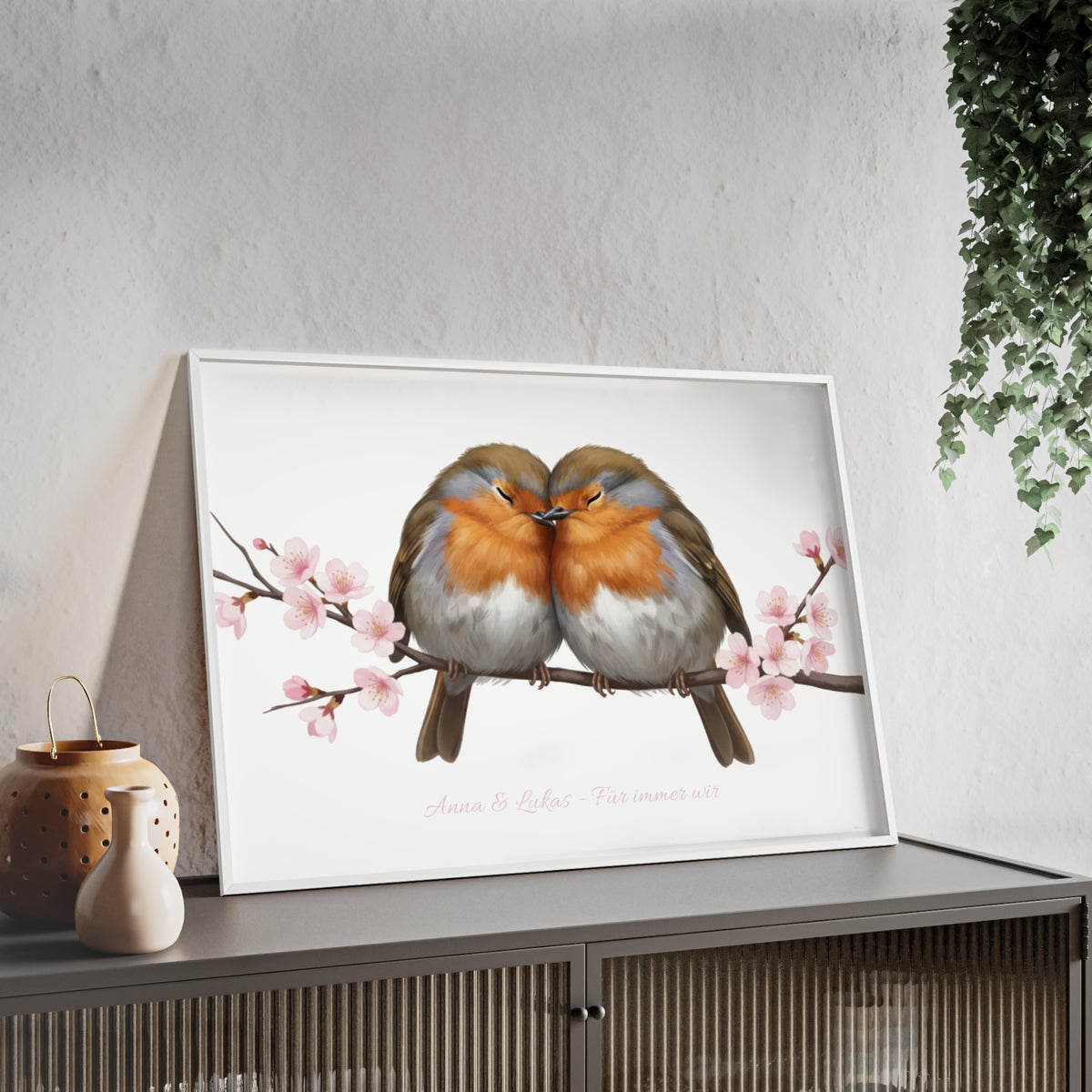 Tableau mural personnalisé avec cadre en bois – Couple de rouges-gorges avec prénoms au choix