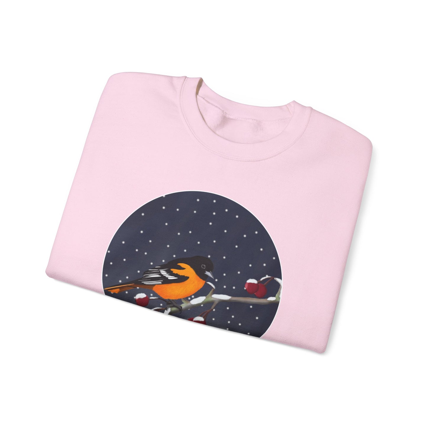 Baltimore Oriole on a Winter Branch Birdwatcher Christmas Bird Sweatshirt