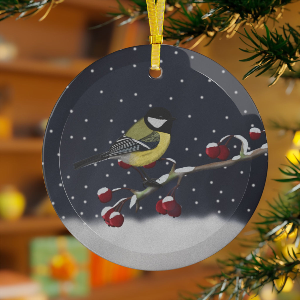Chickadee Ornaments – on a Winter Branch Christmas Bird Glass Ornament