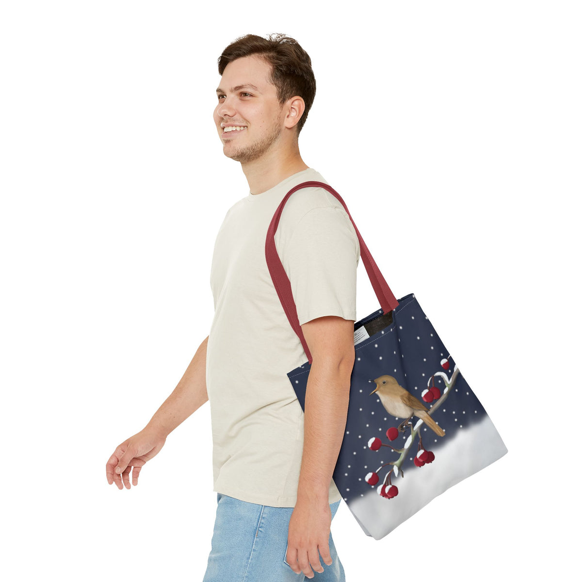 Nightingale on a Winter Branch Christmas Bird Tote Bag 16"x16" Bags in Black