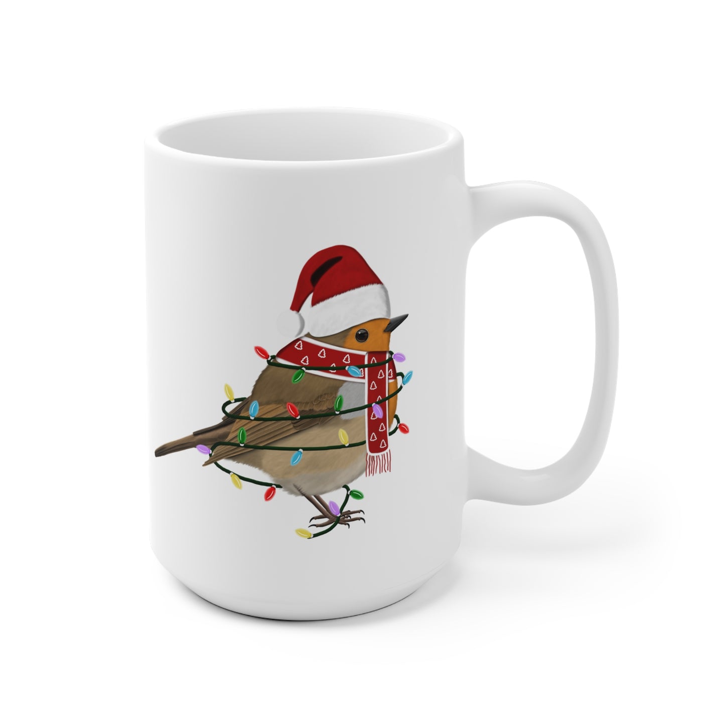 Rotkehlchen Tasse Vogel als Weihnachtsmann mit Lichterkette Weiß für Vogelfreunde