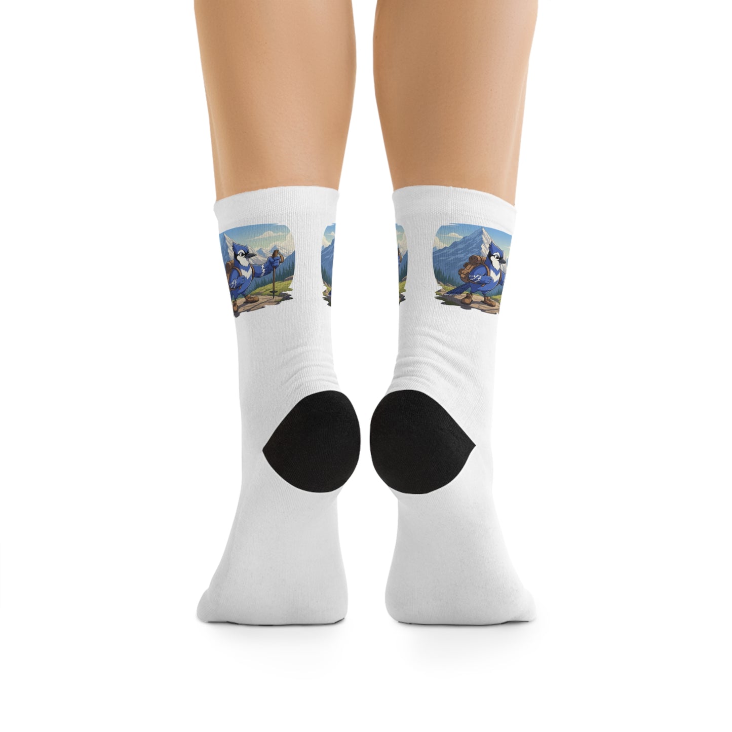 Blue Jay on a Hike Bird Socks White for Bird and Hiking Lovers One Size