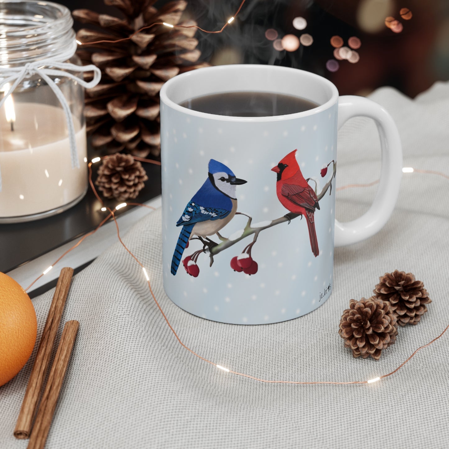 Blue Jay Cardinal Winter Bird Ceramic Mug 11oz - jz.birds