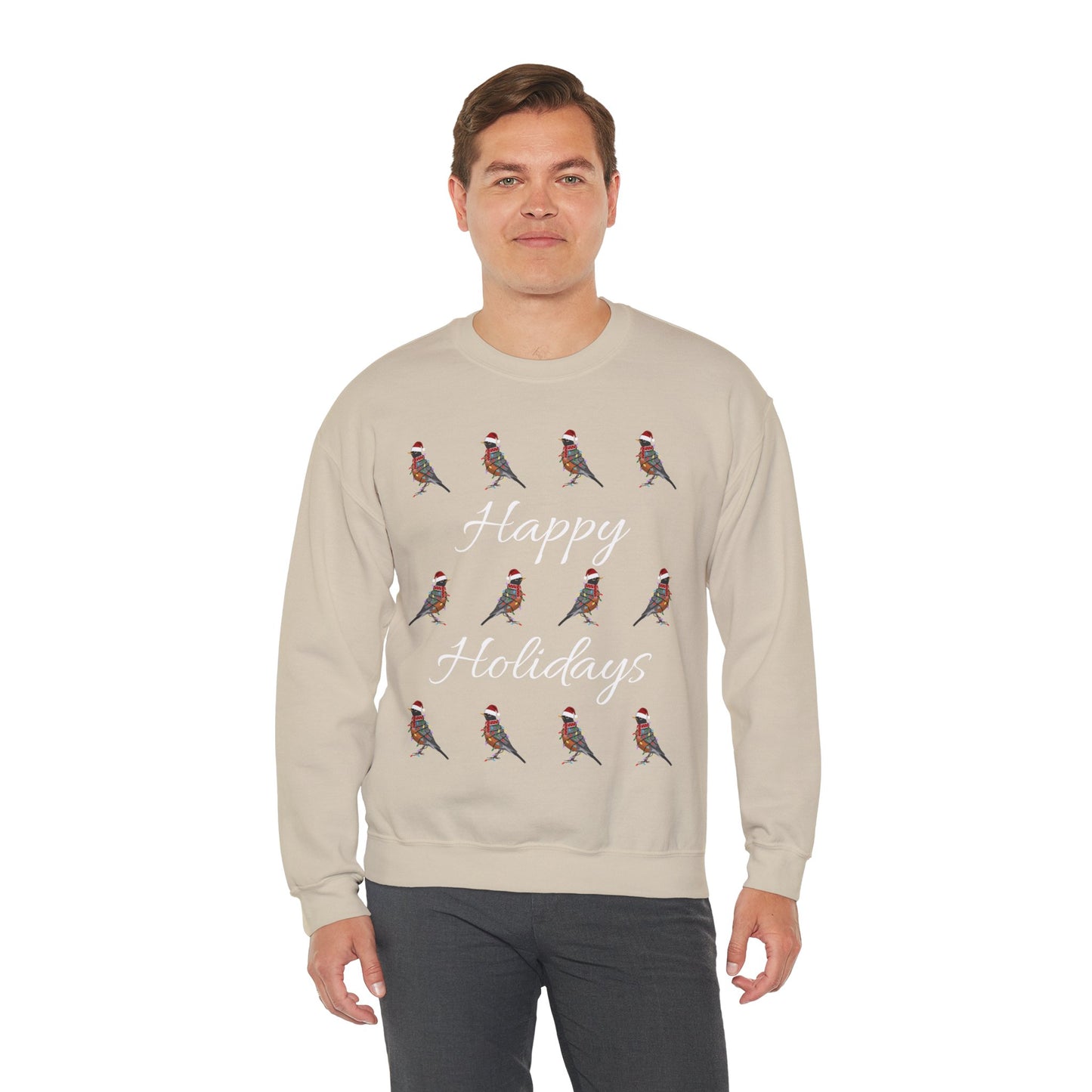 American Robin as Santa with Hat Scarf and Fairy Lights Happy Holidays Birdwatcher Christmas Bird Sweatshirt