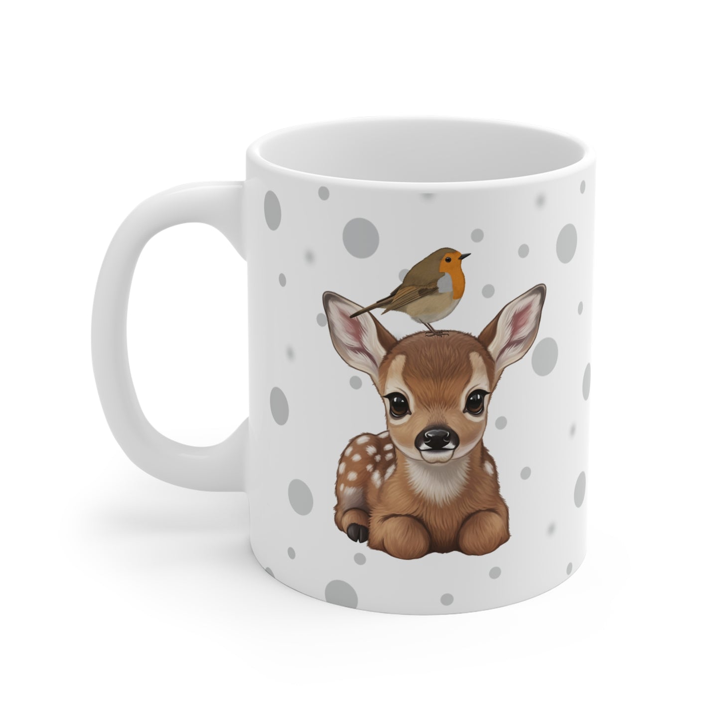 Rehkitz Tasse mit Rotkehlchen Tiermotiv Punkte Grau