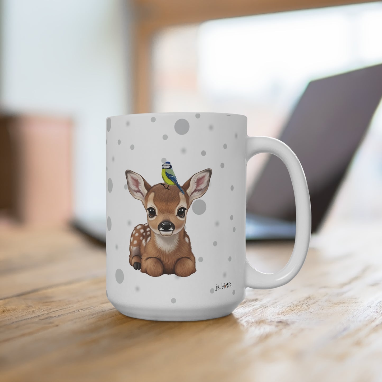 Rehkitz Tasse mit Blaumeise Tiermotiv Punkte Grau