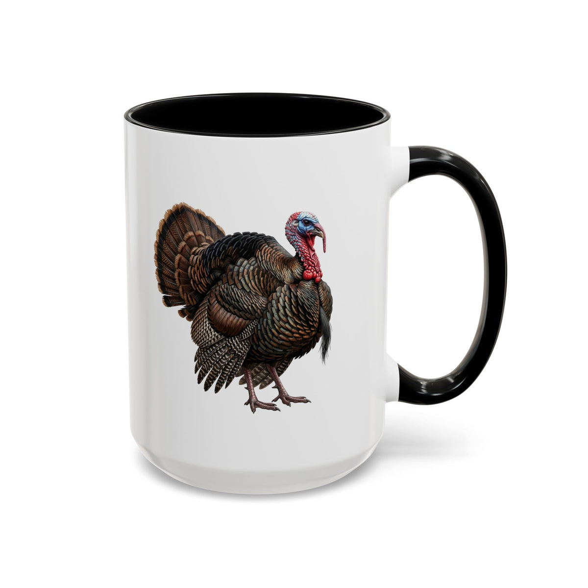A white ceramic mug with a black interior and black handle, featuring a detailed graphic of a brown and black turkey with a red wattle on the side.