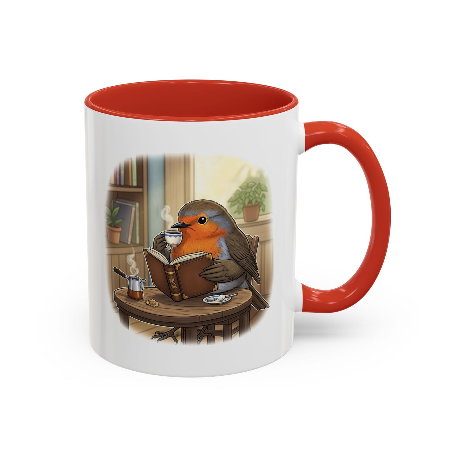 Robin Reads Books and Drinks Coffee Bird Mug for Bird and Book Lovers