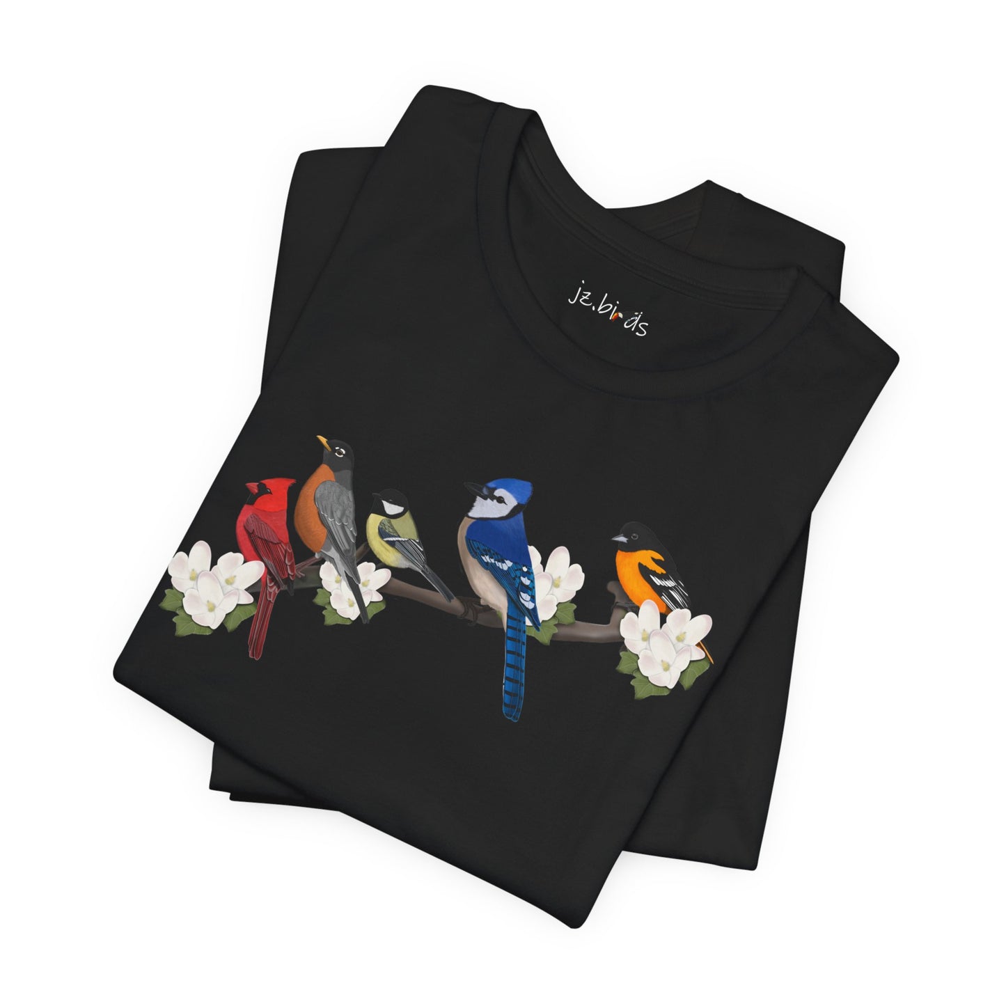 Blue Jay Cardinal Oriole Chickadee Robin on a Branch Garden Birds T-Shirt