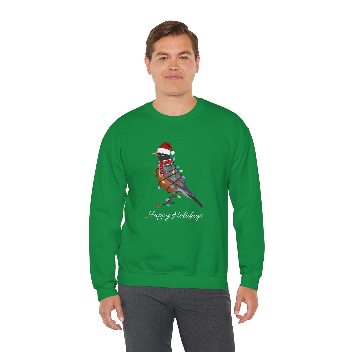 Robin with Fairy Lights as Santa Happy Holidays Birdwatcher Christmas Bird Sweatshirt