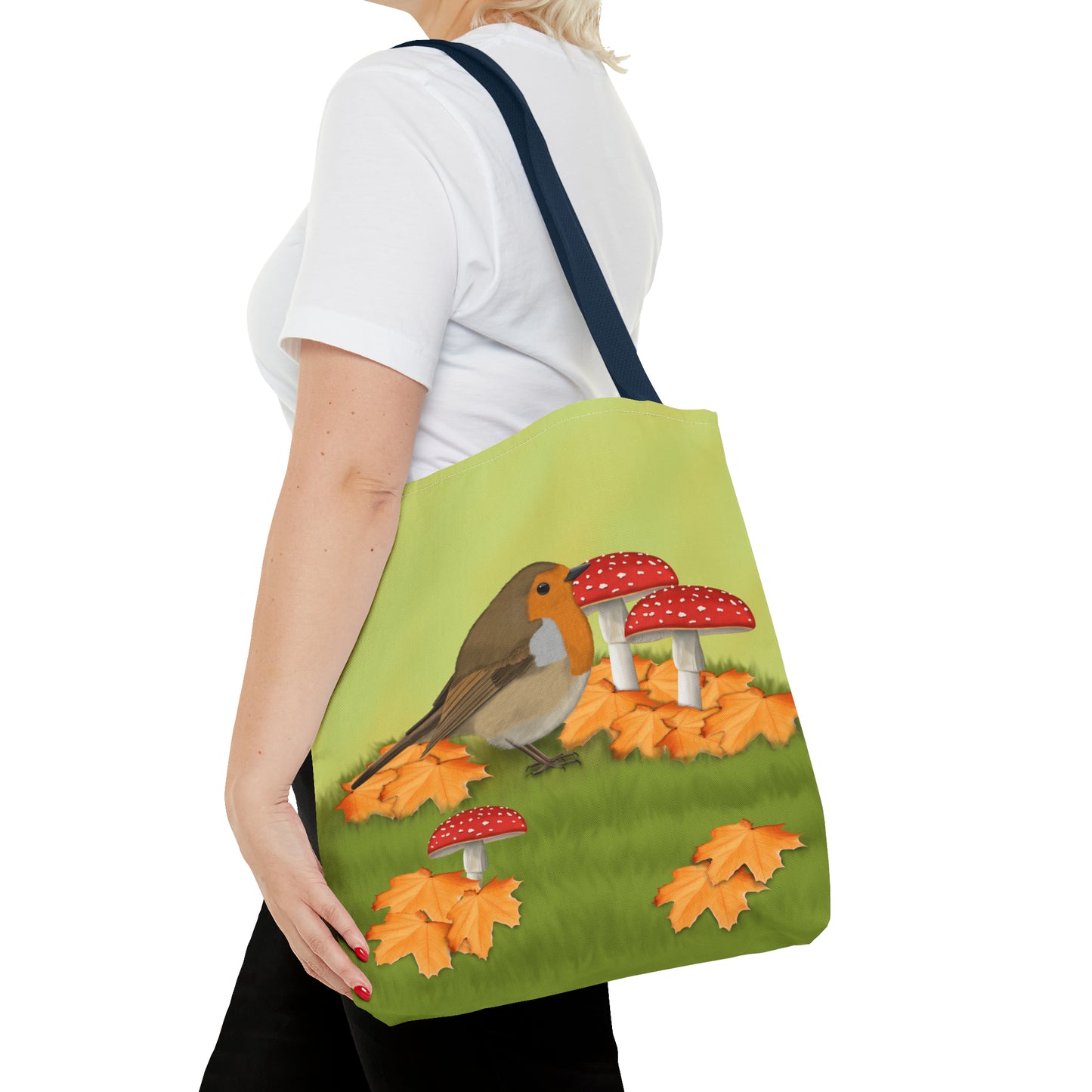 Robin in Fall Leafs Toadstool Bird Tote Bag 16"x16" - jz.birds