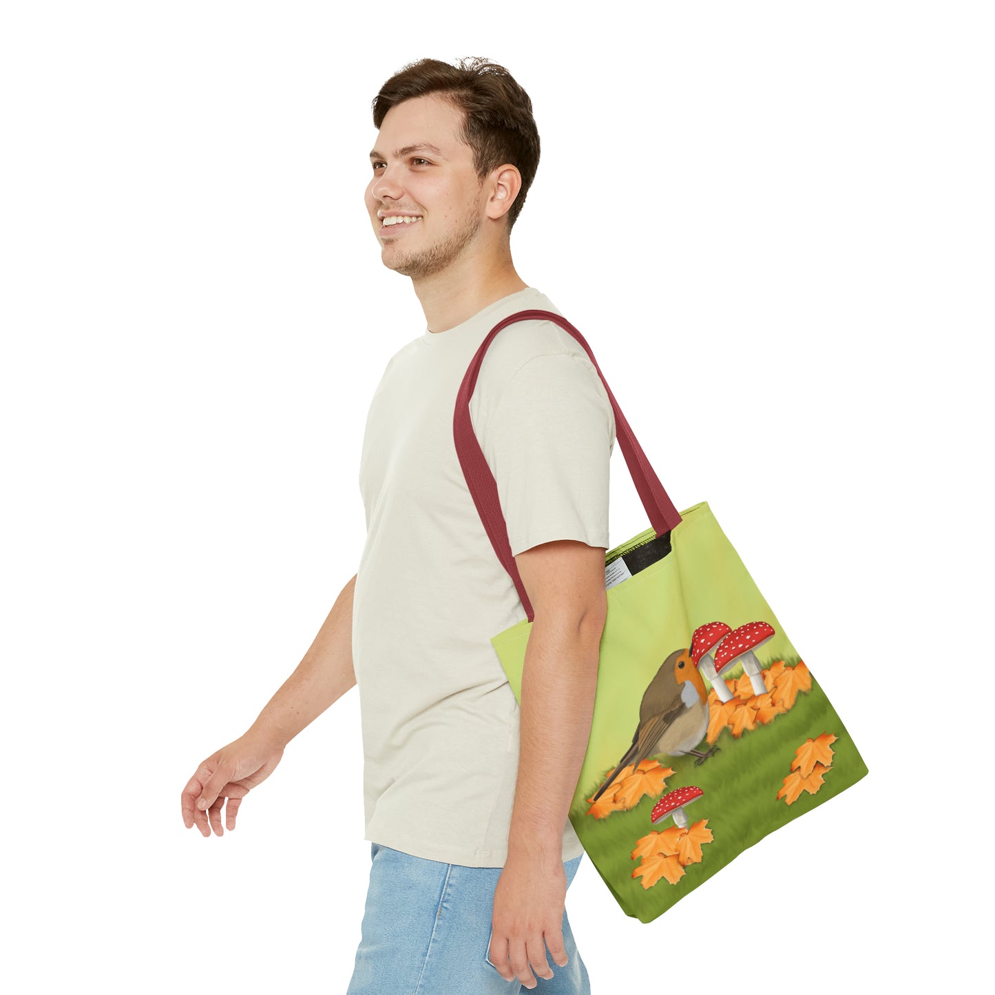 Robin in Fall Leafs Toadstool Bird Tote Bag 16"x16" - jz.birds