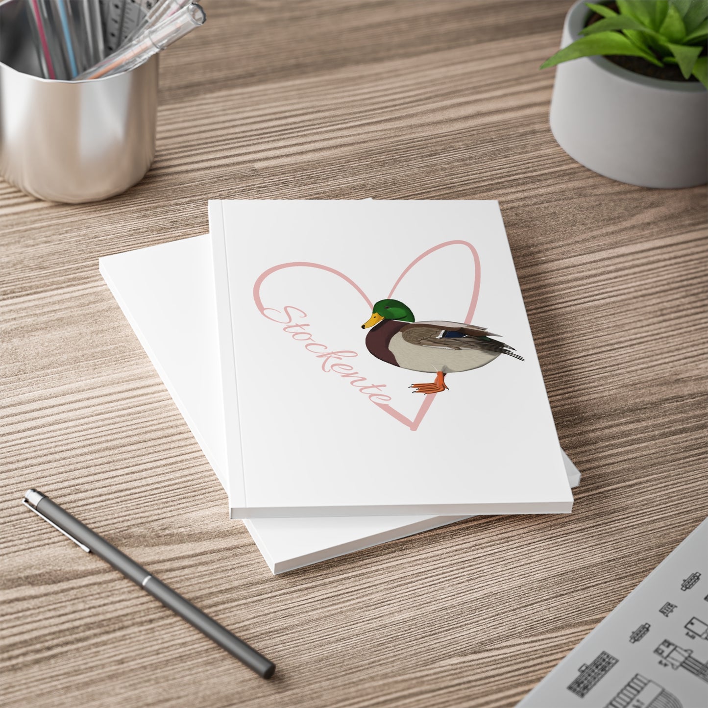 Stockente Notizbuch Vogel mit Herz A5 Softcover 150 Seiten Liniert Weiß