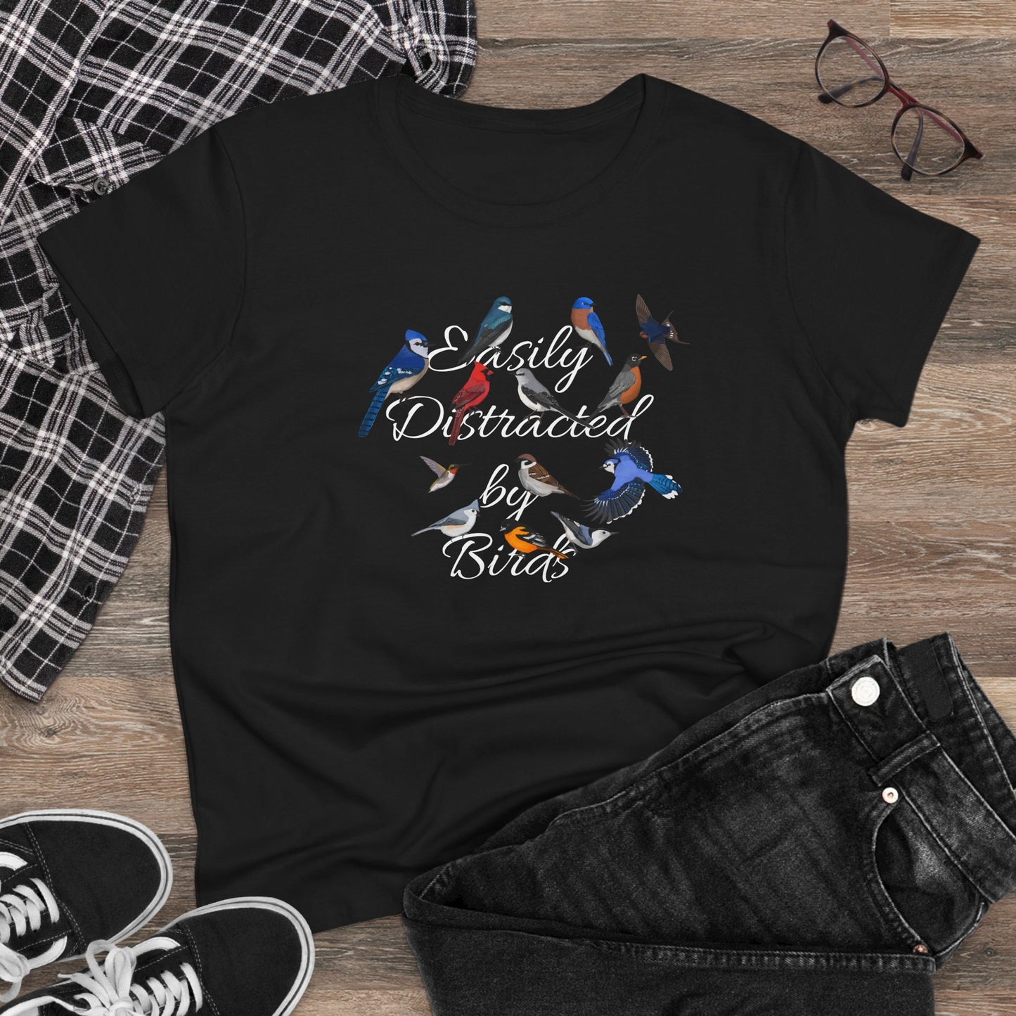 Easily Distracted by Birds Blue Jay Cardinal Robin Bird Design for Birdwatchers and Bird Lovers Women's T-Shirt