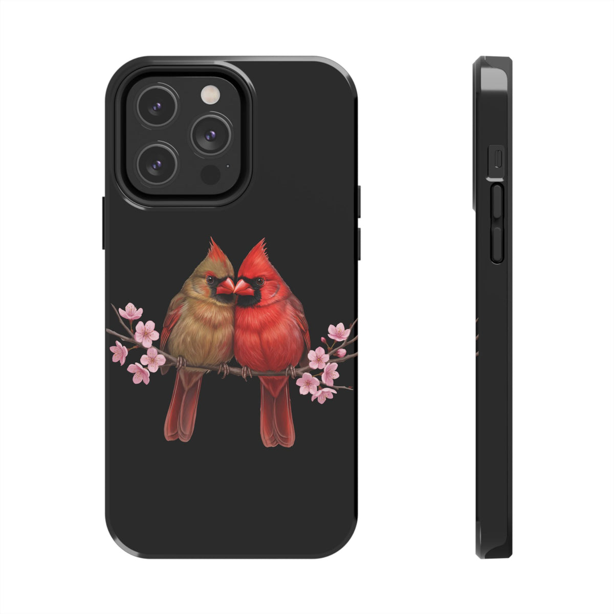 Northern Cardinal with Cherry Blossoms iPhone Case – Premium Tough Phone Cover Black