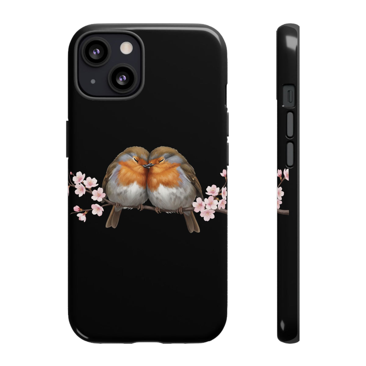 Rotkehlchen mit Kirschblüten Premium Handyhülle – Doppelt Geschützt & Rundum Bedruckt Schwarz
