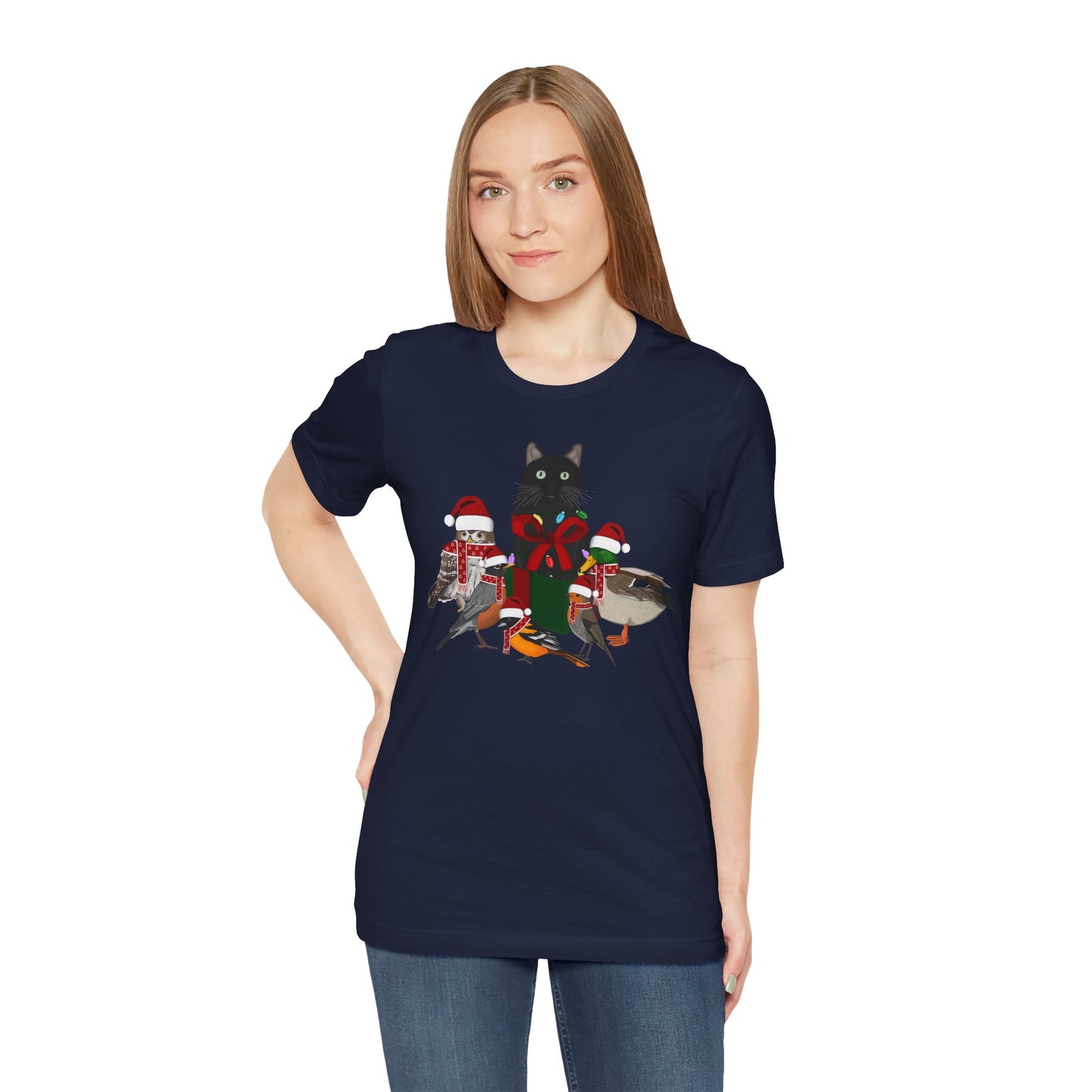 Robin Mallard Oriole Owl with Cat in a Box and Fairy Lights Christmas Bird T-Shirt