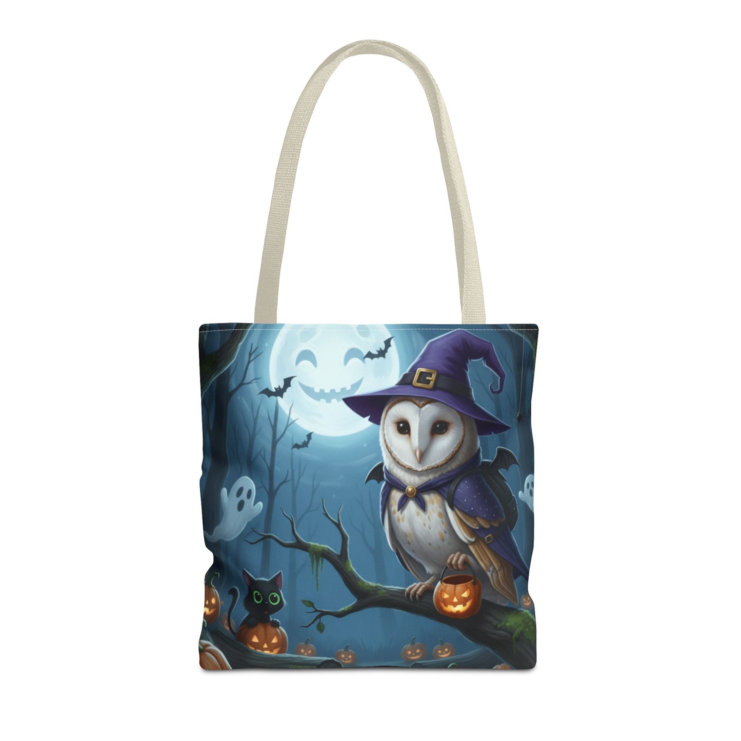 Barn Owl Halloween Tote Bag: Purple Cape & Witch Hat | 16"x16" Polyester | Bird Decor Accessory