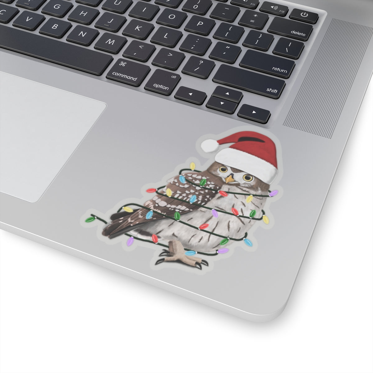 Owl with Fairy Lights Santa Claus Hat and Scarf Christmas Bird Sticker